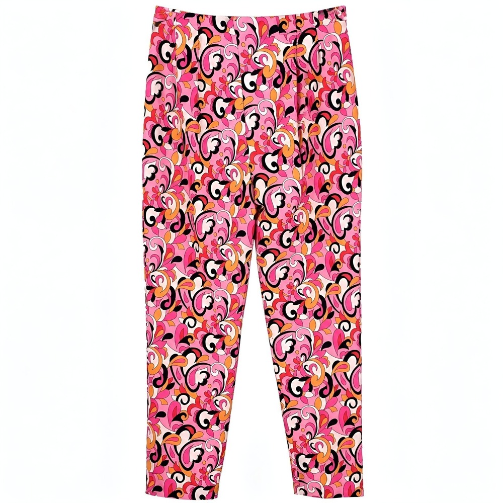 Zara Pink Paisley Floral High Waist Pleated Tapered Pants Hippie Retro Small